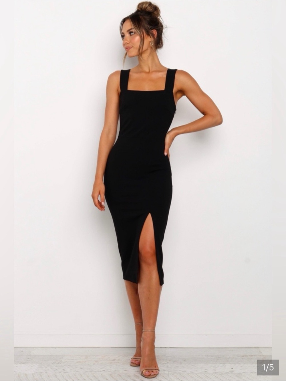 Petal & Pup Black Square-Neck Midi Dress with Front Slit